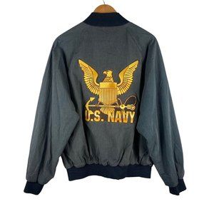 Vintage US Navy Bomber Jacket Black Charcoal Snap Button Big Patch Logo Size L